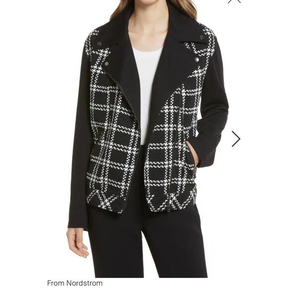 HALOGEN Houndstooth Check knit Moto Jacket in Black Ivory Plaid Size S NEW - Picture 1 of 5